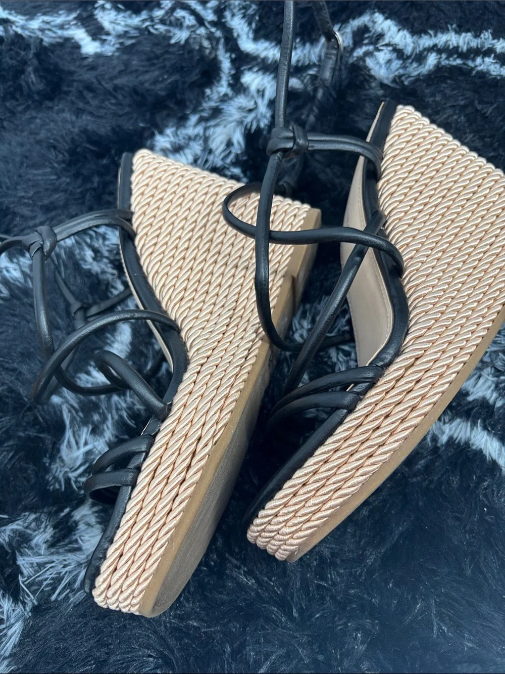 Marc Fisher Zarah wrap Ankle Strap Wedge Platform Sandals Woven Black size 7